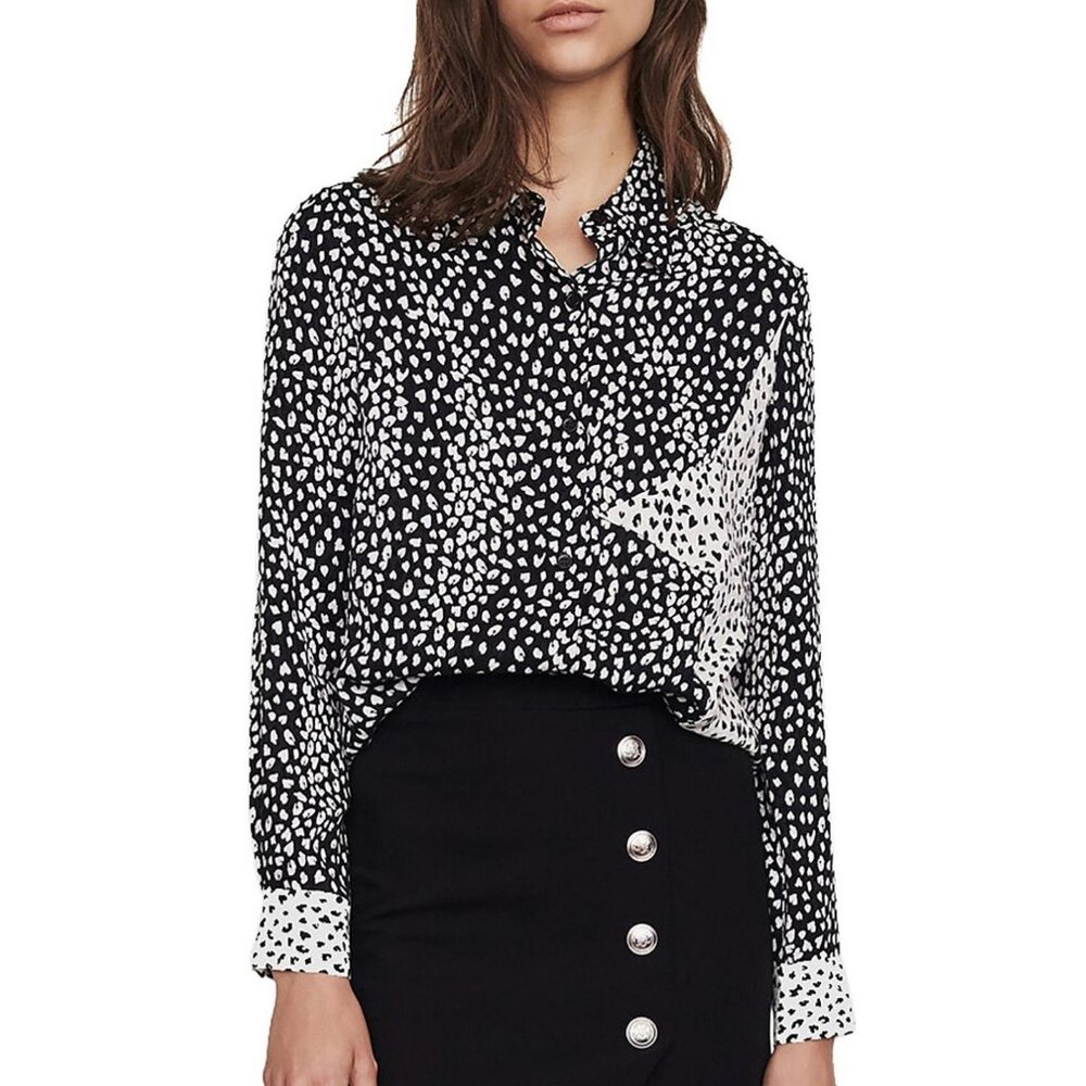 MAJE Cilia Noir Long Sleeve Button Up Animal Cheetah Print Shirt M boho chic